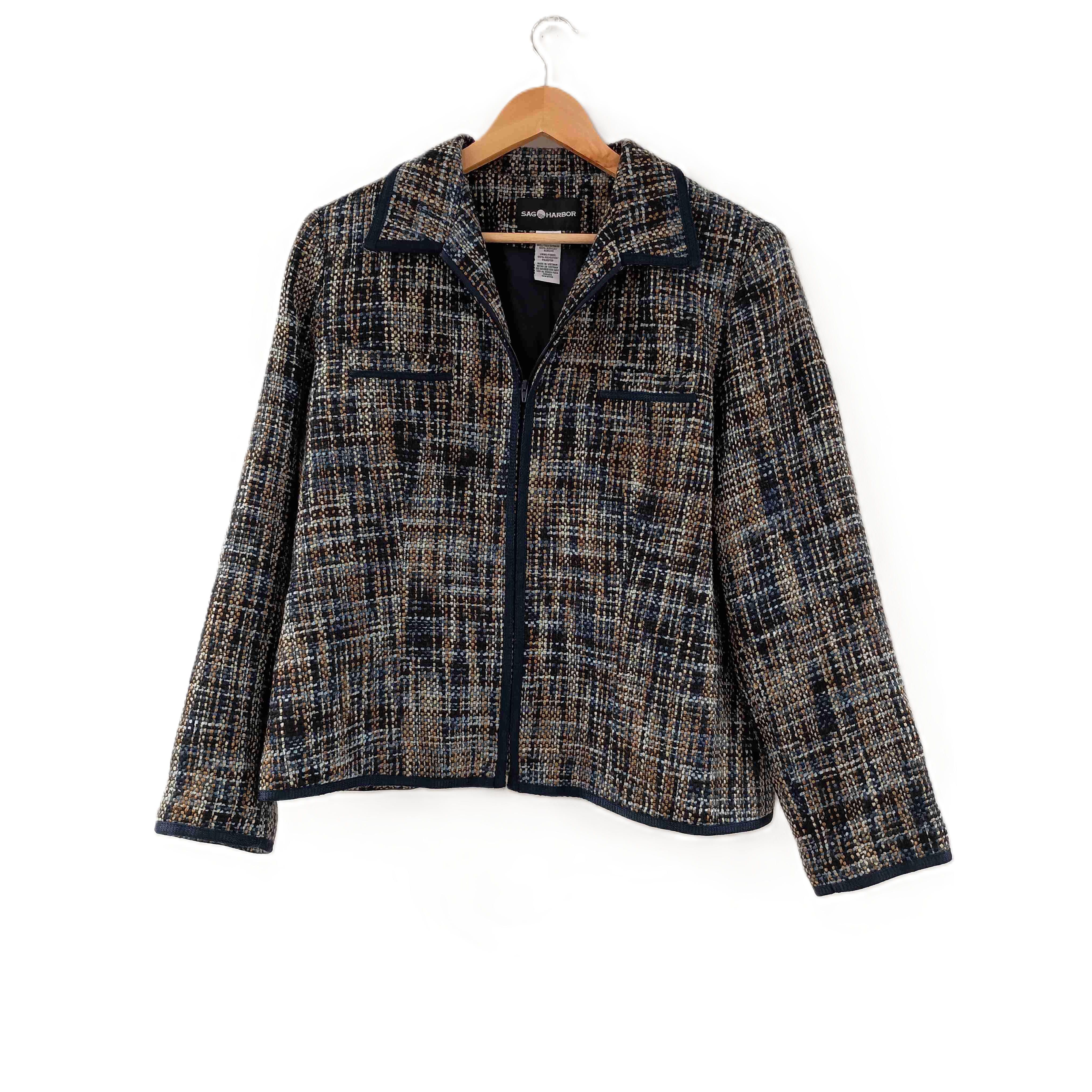 Sag Harbor Womens Plaid Zip Up Collared Jacket Size 14
